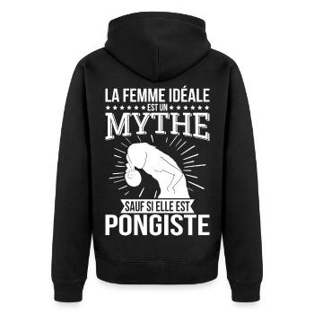 Die ideale Frau, ein Mythos, es sei denn, sie ist Tischtennisspielerin - Unisex Premium Bio Zip Hoodie - Schwarz - Hinten - Nico (187cm)