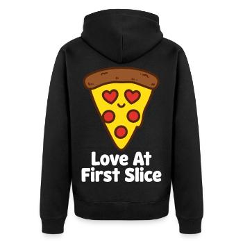 Love At First Slice Pizza - Unisex Premium Bio Zip Hoodie - Schwarz - Hinten - Nico (187cm)