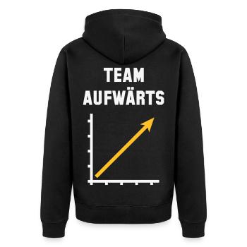 Team Aufwärts (Erfolg / Fortschritt / NEG Gold 2C) - Unisex Premium Bio Zip Hoodie - Schwarz - Hinten - Nico (187cm)