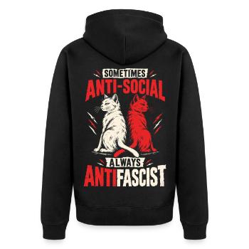 Antifascist Cats – Sometimes Antisocial - Unisex Premium Bio Zip Hoodie - Schwarz - Hinten - Nico (187cm)