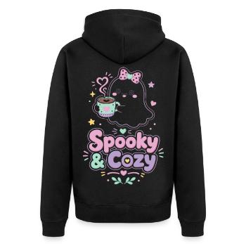Spooky & Cozy Geist mit Kaffee - Unisex Premium Bio Zip Hoodie - Schwarz - Hinten - Nico (187cm)