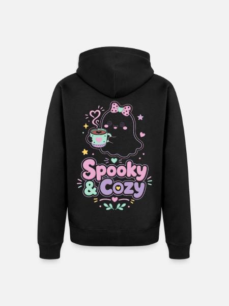 Spooky & Cozy Geist mit Kaffee - Unisex Premium Bio Zip Hoodie - Schwarz