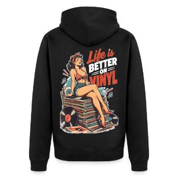 Life is better on vinyl - Retro Pin-Up auf Platten - Unisex Premium Bio Zip Hoodie - Schwarz - Hinten - Nico (187cm)