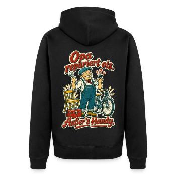 Opa repariert ois - Unisex Premium Bio Zip Hoodie - Schwarz - Hinten - Nico (187cm)