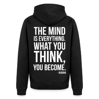 Buddha-Zitat – Geist ist alles - Unisex Premium Bio Zip Hoodie - Schwarz - Hinten - Nico (187cm)