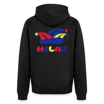 Fasching Narrenkappe Helau 1, 2 oder 3 Farben - Unisex Premium Bio Zip Hoodie - Schwarz - Hinten - Nico (187cm)