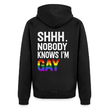 Shhh Nobody Knows I'm Gay - Unisex Premium Bio Zip Hoodie - Schwarz - Hinten - Nico (187cm)