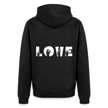 « AMOUR » L’amour à main levée - Veste à capuche bio Premium Unisexe - noir - Dos - Nico (187cm)