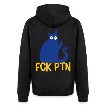 FCK PTN Ukraine Katze - Unisex Premium Bio Zip Hoodie - Schwarz - Hinten - Nico (187cm)
