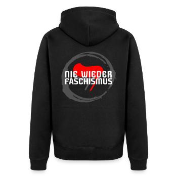 NIE WIEDER FASCHISMUS - ANTIFASCHISTEN ACHTUNG! - Unisex Premium Bio Zip Hoodie - Schwarz - Hinten - Nico (187cm)