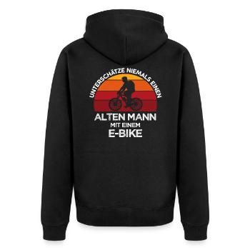 alter Mann E-Bike Fahrrad - Unisex Premium Bio Zip Hoodie - Schwarz - Hinten - Nico (187cm)