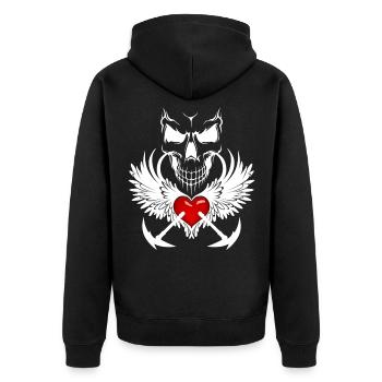 Totenkopf, Engelsflügel, Herz & Sensen in Weiß - Unisex Premium Bio Zip Hoodie - Schwarz - Hinten - Nico (187cm)