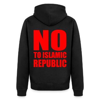no to islamic republic - Unisex Premium Bio Zip Hoodie - Schwarz - Hinten - Nico (187cm)