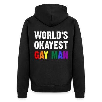 World's Okayest Gay Man - Unisex Premium Bio Zip Hoodie - Schwarz - Hinten - Nico (187cm)