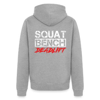Kraftdreikampf Workout Kniebeuge Bank Kreuzheben - Unisex Premium Bio Zip Hoodie - Grau meliert - Hinten - Nico (187cm)