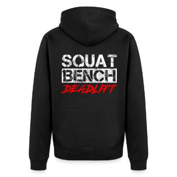 Kraftdreikampf Workout Kniebeuge Bank Kreuzheben - Unisex Premium Bio Zip Hoodie - Schwarz - Hinten - Nico (187cm)