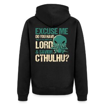 Herr & Retter Cthulhu Kawaii Religion Parodie - Unisex Premium Bio Zip Hoodie - Schwarz - Hinten - Nico (187cm)