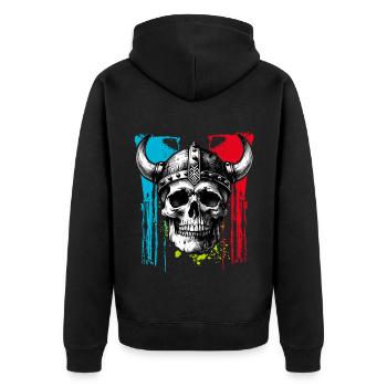 Skull mit Helm und Hörnern auf Farbklecksen - Unisex Premium Bio Zip Hoodie - Schwarz - Hinten - Nico (187cm)