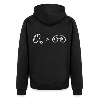 Akustik über Optik, Hörgerät über Brille (weiß) - Unisex Premium Bio Zip Hoodie - Schwarz - Hinten - Nico (187cm)