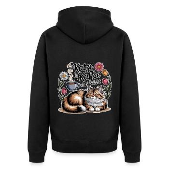 Katze und Kaffee ist alles was ich brauche - Unisex Premium Bio Zip Hoodie - Schwarz - Hinten - Nico (187cm)