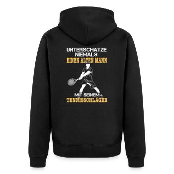 Unterschätze Niemals einen alten Tennisspieler! - Unisex Premium Bio Zip Hoodie - Schwarz - Hinten - Nico (187cm)