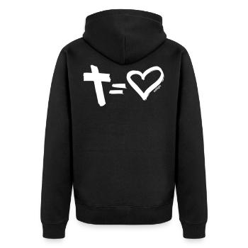 Cross = Heart WHITE // Kreuz = Liebe WEISS - Unisex Premium Bio Zip Hoodie - Schwarz - Hinten - Nico (187cm)