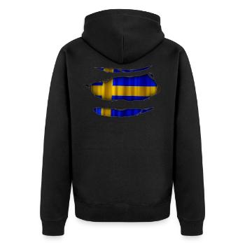 Schweden Flagge Aufgerissen 017 - Unisex Premium Bio Zip Hoodie - Schwarz - Hinten - Nico (187cm)