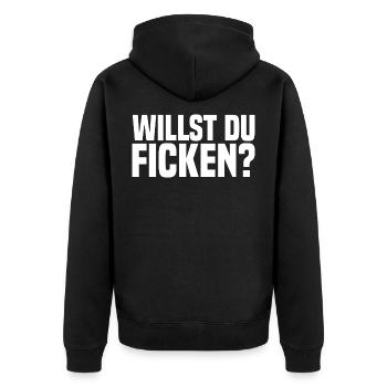Willst du Ficken weiss - Unisex Premium Bio Zip Hoodie - Schwarz - Hinten - Nico (187cm)
