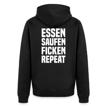 Essen saufen ficken repeat white - Unisex Premium Bio Zip Hoodie - Schwarz - Hinten - Nico (187cm)