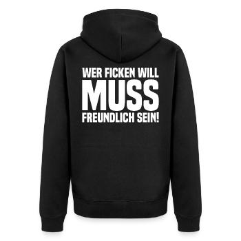 Wer ficken will muss freundlich sein quer white - Unisex Premium Bio Zip Hoodie - Schwarz - Hinten - Nico (187cm)