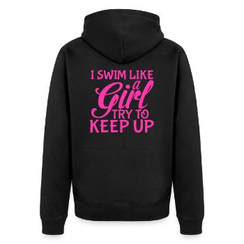 Schwimmerin - Unisex Premium Bio Zip Hoodie - Schwarz - Hinten - Nico (187cm)