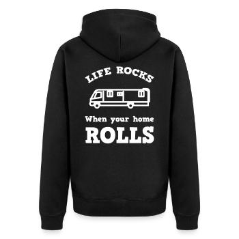 Life rocks home Camper Wohnwagen - Unisex Premium Bio Zip Hoodie - Schwarz - Hinten - Nico (187cm)