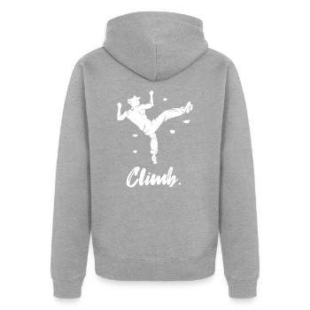 Bouldern - Unisex Premium Bio Zip Hoodie - Grau meliert - Hinten - Nico (187cm)