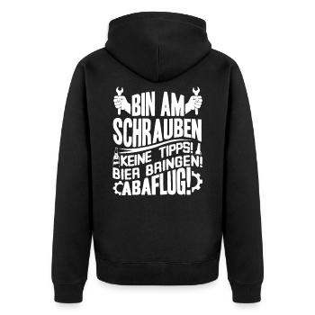 Mechaniker KFZ Auto Werkstatt - Unisex Premium Bio Zip Hoodie - Schwarz - Hinten - Nico (187cm)