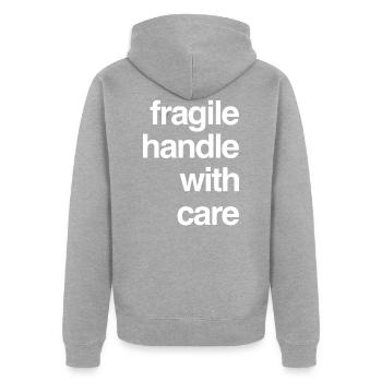 T-Shirt Design - fragile handle with care - Unisex Premium Bio Zip Hoodie - Grau meliert - Hinten - Nico (187cm)