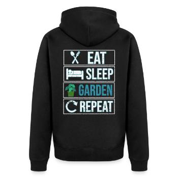 essen schlafen Garten wiederholen - Unisex Premium Bio Zip Hoodie - Schwarz - Hinten - Nico (187cm)