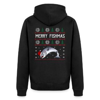 Merry Fishmas Anglershirt Lachs Weihnachten - Unisex Premium Bio Zip Hoodie - Schwarz - Hinten - Nico (187cm)