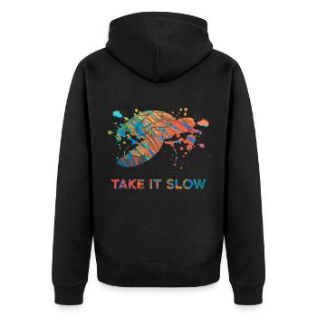Perfektes, buntes, cooles Schildkrötenshirt Spruch - Unisex Premium Bio Zip Hoodie - Schwarz - Hinten - Nico (187cm)