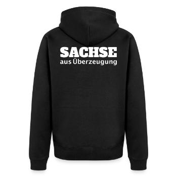 Sachse aus Überzeugung Sachsen Heimat Stärke - Unisex Premium Bio Zip Hoodie - Schwarz - Hinten - Nico (187cm)