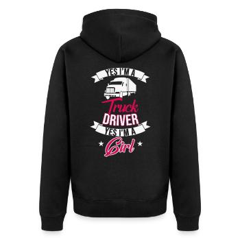 Ja, ich bin ein LKW-Fahrer. Ja, ich bin ein Mädche - Unisex Premium Bio Zip Hoodie - Schwarz - Hinten - Nico (187cm)
