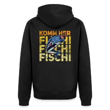Komm Her Fischi Fischi Fischi - lustiges Angler - Unisex Premium Bio Zip Hoodie - Schwarz - Hinten - Nico (187cm)