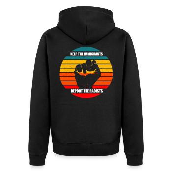 keep the immigrants deport the racists - Unisex Premium Bio Zip Hoodie - Schwarz - Hinten - Nico (187cm)