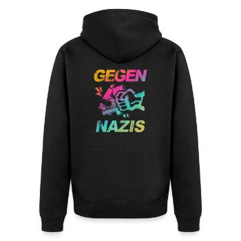 Gegen Nazis, Gegen Rechts Faust. FCK NZS - Unisex Premium Bio Zip Hoodie - Schwarz - Hinten - Nico (187cm)