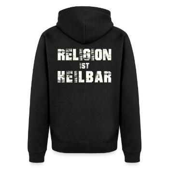 Religion Atheist - Unisex Premium Bio Zip Hoodie - Schwarz - Hinten - Nico (187cm)