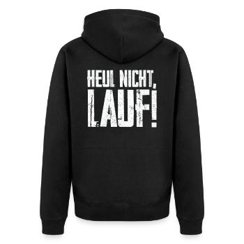 Tolles Shirt für Läufer: Heul nicht, Lauf! - Unisex Premium Bio Zip Hoodie - Schwarz - Hinten - Nico (187cm)
