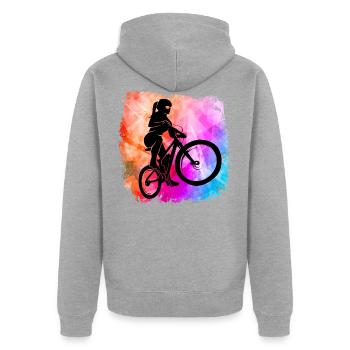 Mountainbikerin Mädchen coole Farben MTB Fahrrad - Unisex Premium Bio Zip Hoodie - Grau meliert - Hinten - Nico (187cm)