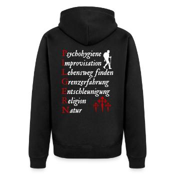 Pilgern Definition Jakobsweg Pilger Jakobskreuz - Unisex Premium Bio Zip Hoodie - Schwarz - Hinten - Nico (187cm)