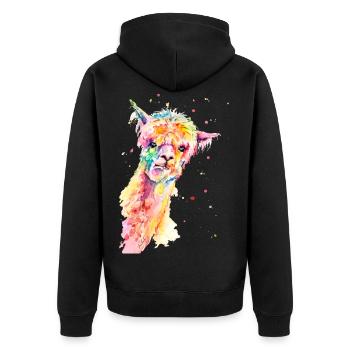 Buntes Alpaka Maurice - Unisex Premium Bio Zip Hoodie - Schwarz - Hinten - Nico (187cm)