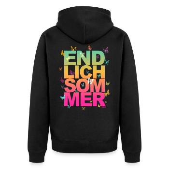 Endlich Sommer - Sonne, Urlaub, Spaß - Unisex Premium Bio Zip Hoodie - Schwarz - Hinten - Nico (187cm)