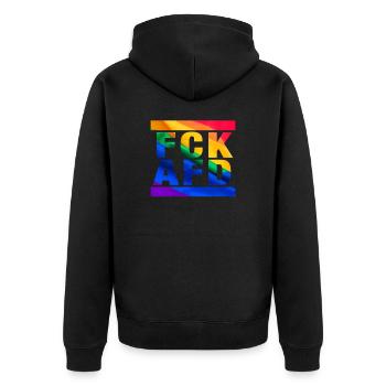 Gegen Nazis - FCK AFD - Gegen Rechts - LGBTQ - Unisex Premium Bio Zip Hoodie - Schwarz - Hinten - Nico (187cm)